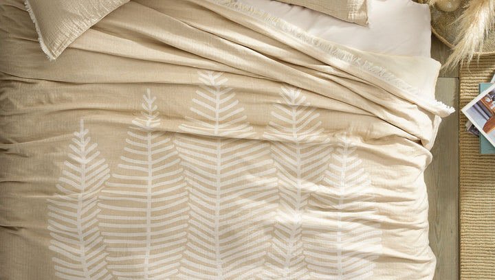 Set přehozu a povlaku na polštář Folium, na dvoulůžko, mušelínový, béžový, 230x240 cm