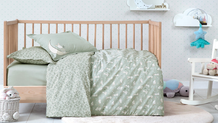 Baby Bedding Set Rabbit, for Crib, 100% Renforcé Cotton, light green, 100x150 cm