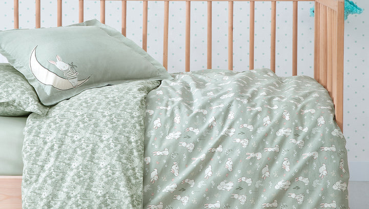 Baby Bedding Set Rabbit, for Crib, 100% Renforcé Cotton, light green, 100x150 cm