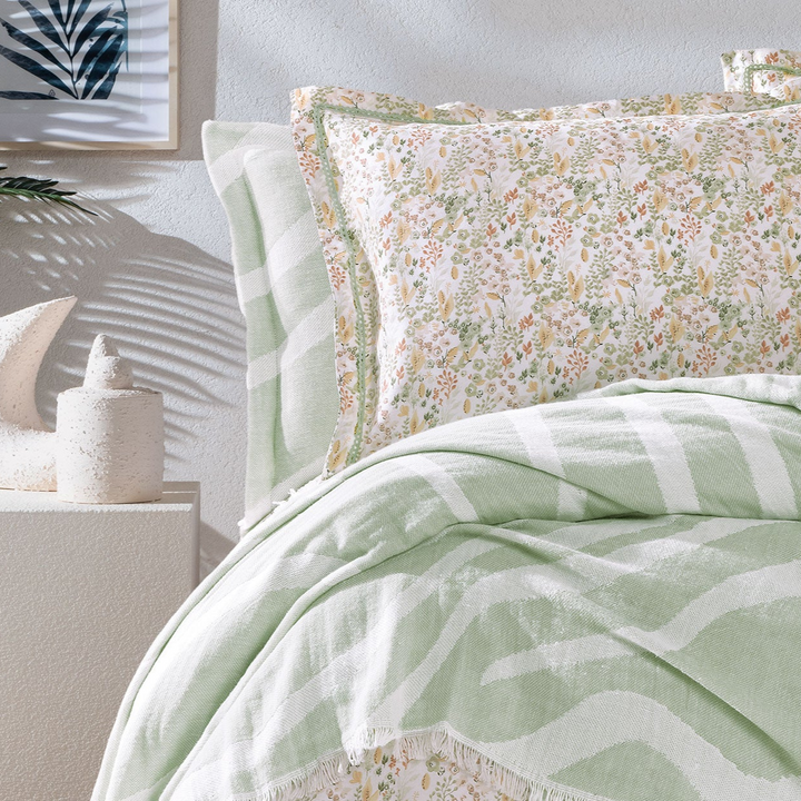 Cotton Bedspread Set Lenzy, with Duvet Cover, Bed Sheet and Pillowcases, green, 230x240 cm