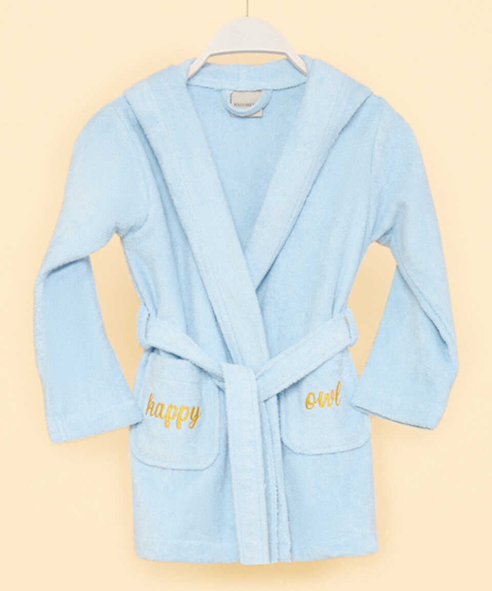 Organic Kids Bathrobe Owl, 100% Organic Cotton, blue, age 6-8