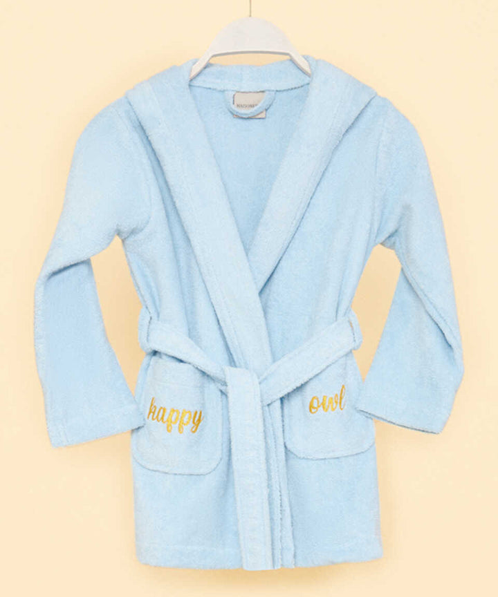 Organic Kids Bathrobe Owl, 100% Organic Cotton, blue, age 6-8