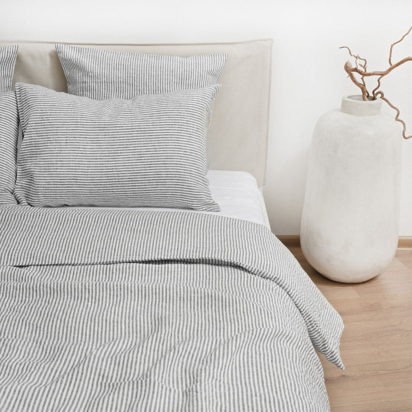 Thin Black Stripes Linen Duvet Cover Set, 135x200 cm, Linen Tales