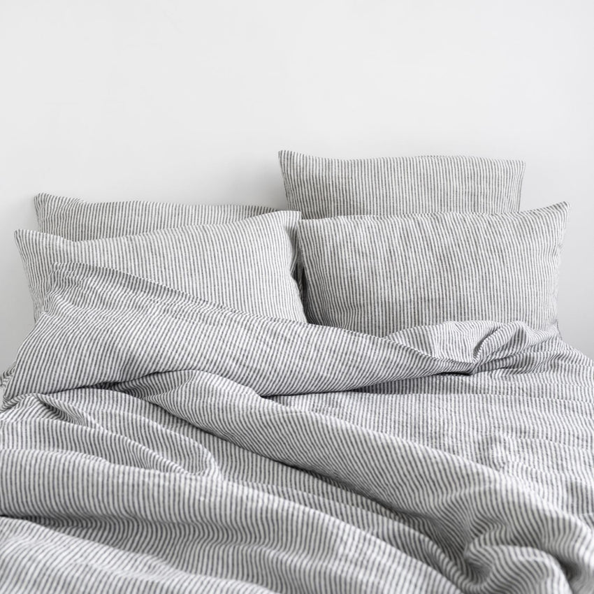 Thin Black Stripes Linen Duvet Cover Set, 135x200 cm, Linen Tales