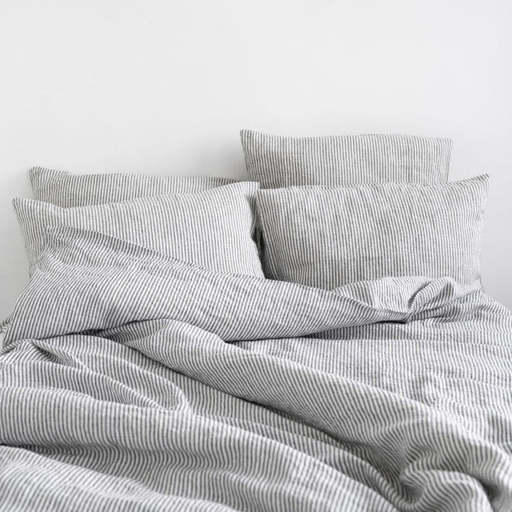 Thin Black Stripes Linen Duvet Cover Set, 135x200 cm, Linen Tales